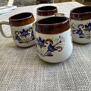 4 Blue Tulip Coffee Mugs Ceramic Cobalt Blue Brown Otagiri Stoneware